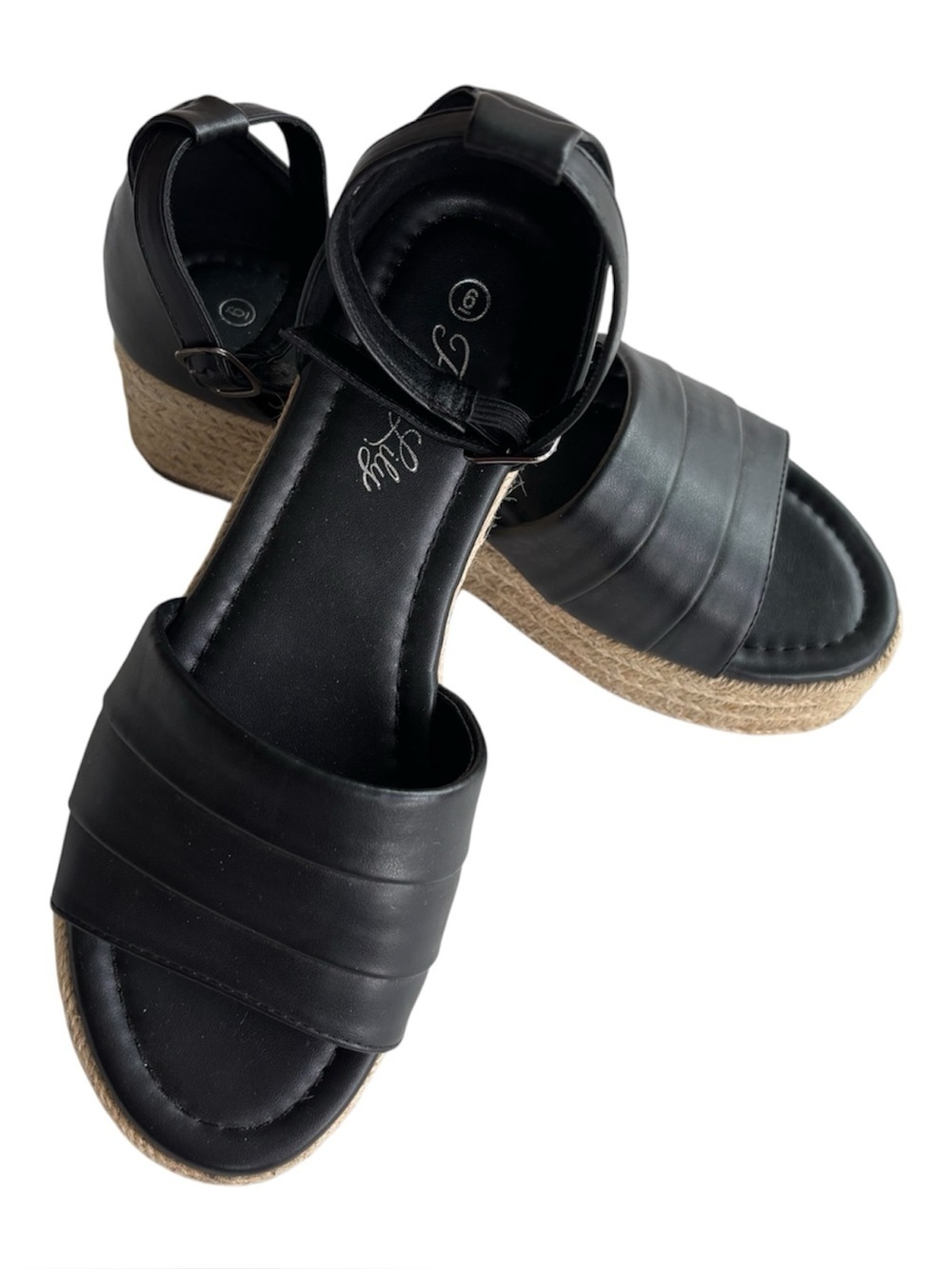 Pink Lily Black Triple Strap Platform Espadrille Wedge Sandals Size 6